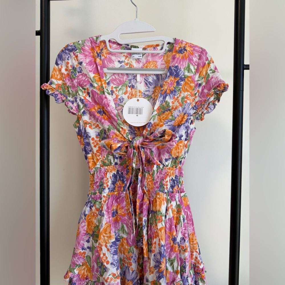 🩷 Selfie Leslie Floral Tie Front Mini Dress | XS | Cottagecore Boho Ruffle | NWT - Picture 3 of 8